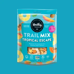 Healthy Crunch Tropical Escape Trail Mix bag standing on a plain white background