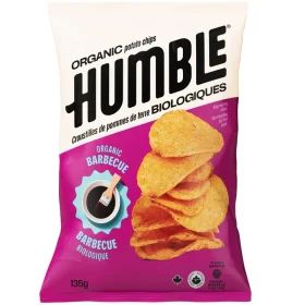 Humble Barbecue Organic Potato Chips 135g bag standing on a plain white background