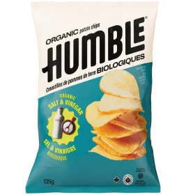 Humble Salt and Vinegar Organic Potato Chips 135g bag standing on a plain white background