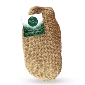 Gant exfoliant en jute Eco Loco posé à plat sur un fond blanc uni