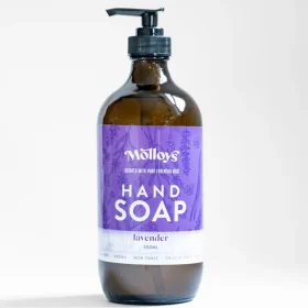 Molloy's 500ml lavender hand soap in a reusable glass dispenser