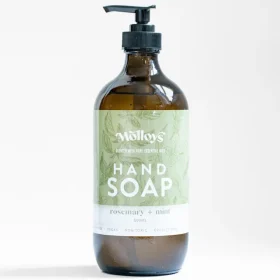Molloy's 500ml rosemary mint hand soap in a reusable glass dispenser