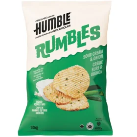 Humble Rumbles Sour Cream and Onion Organic Potato Chips 135g bag standing on a plain white background