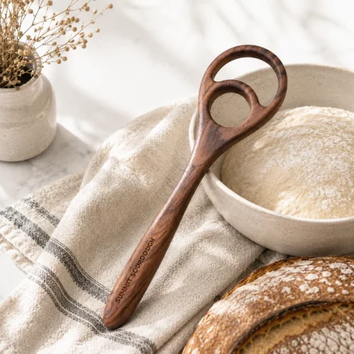 Summit Sourdough Double Loop All Wood Danish Dough Whisk lying horizontally on a plain white background