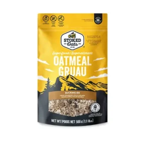 Sachet de 500 g de flocons d'avoine Stoked Oats Bucking Eh, posé sur un fond blanc uni.