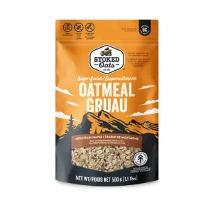 Stoked Oats Mountain Maple Oatmeal 500g bag standing on a plain white background