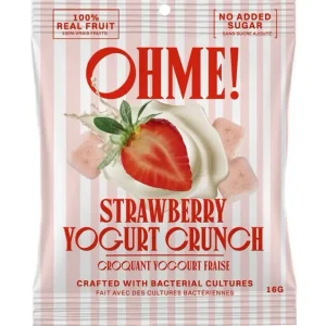 Single bag of OHME! Freeze Dried Strawberry Yogurt Crunch standing against a plain white background