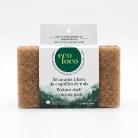 A neatly stacked 3-pack of Eco Loco walnut scouring pads