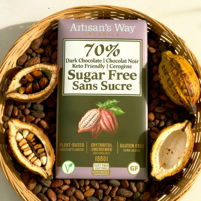 70% Sugar Free Chocolate Artisans Way Artisan's Way Organics 70% Sugar Free Chocolate bar displayed on a plain white background