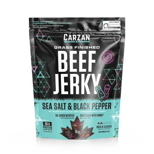Bag of Carzan Meats Sea Salt and Black Pepper Grass-Fed Beef Jerky