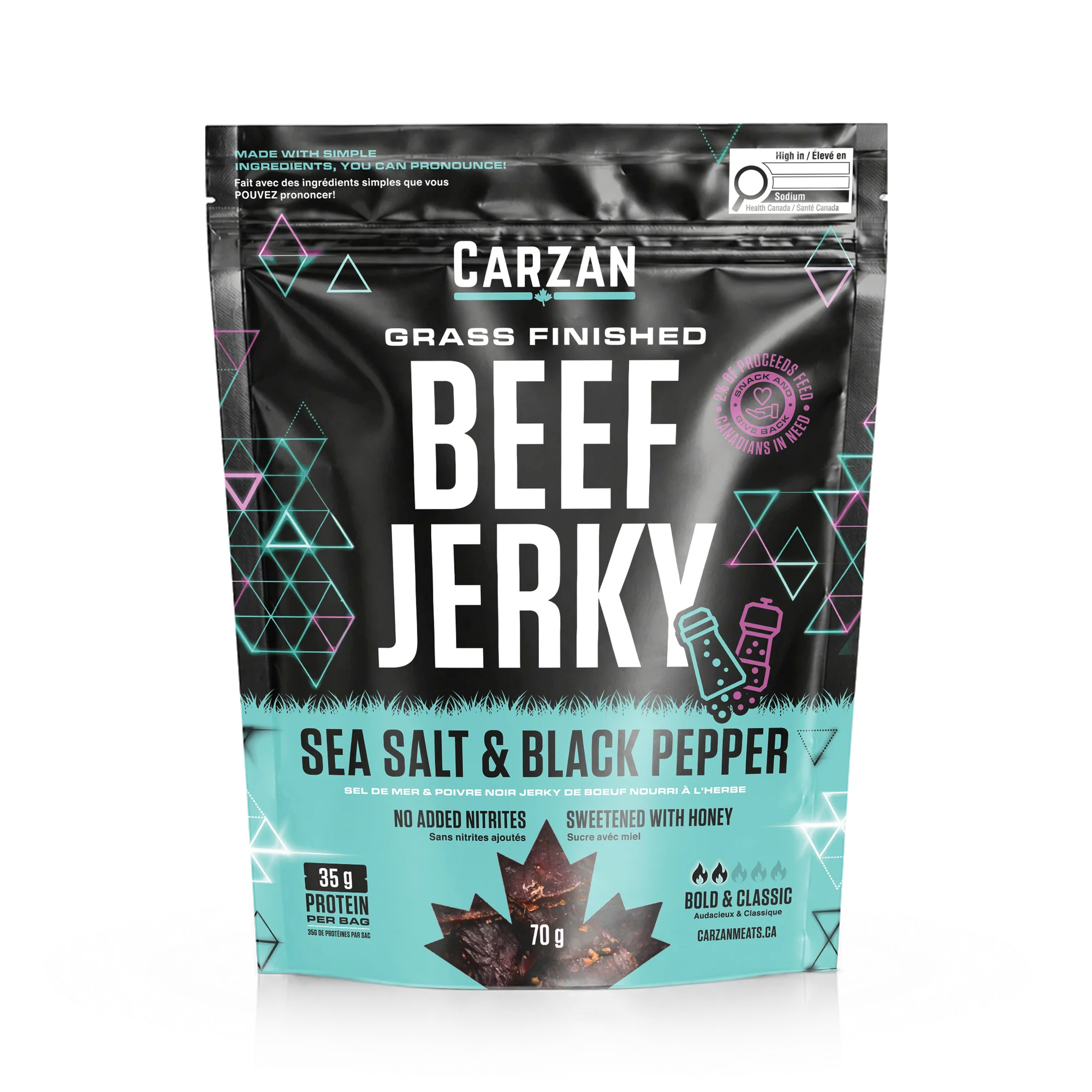 Carzan-Sea-Salt-Black-Pepper-Bag-Front Bag of Carzan Meats Sea Salt and Black Pepper Grass-Fed Beef Jerky