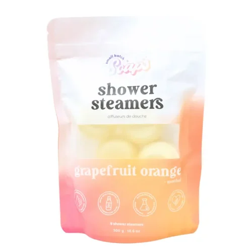 Small Batch Soaps Grapefruit Orange Shower Steamers package standing on a plain white background