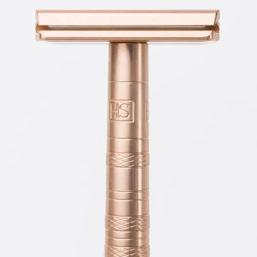 Henson AL13 Safety Razor in Aircraft Aluminum standing upright on a plain white background