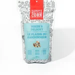 Klondike Kettle Corn Hiker's Delight Popcorn bag standing on a plain white background