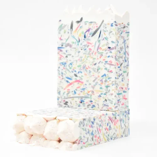 Small Batch Soaps Confetti Cake Soap bar standing upright on a plain white background