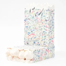 Small Batch Soaps Confetti Cake Soap bar standing upright on a plain white background