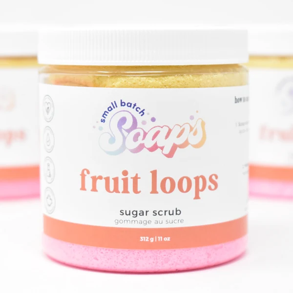Small Batch Soaps Fruit Loops Sugar Scrub Small Batch Soaps Fruit Loops Sugar Scrub jar standing on a plain white background
