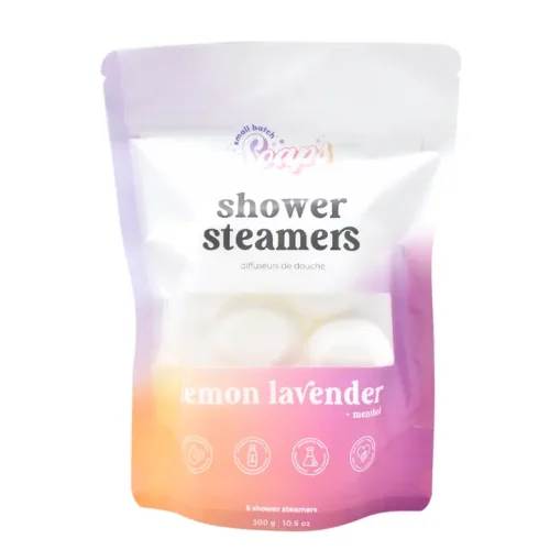 Small Batch Soaps Lemon Lavender Shower Steamers package standing on a plain white background