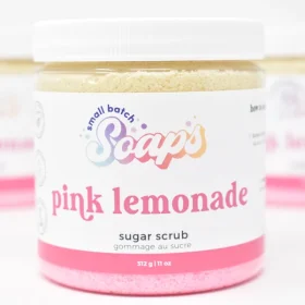 Small Batch Soaps Pink Lemonade Sugar Scrub jar standing on a plain white background