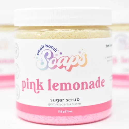 Small Batch Soaps Pink Lemonade Sugar Scrub jar standing on a plain white background