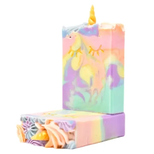 Small Batch Soaps Unicorn Soap bar standing upright on a plain white background