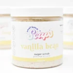 Small Batch Soaps Vanilla Bean Sugar Scrub jar standing on a plain white background