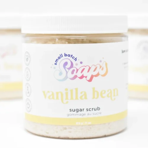 Small Batch Soaps Vanilla Bean Sugar Scrub jar standing on a plain white background