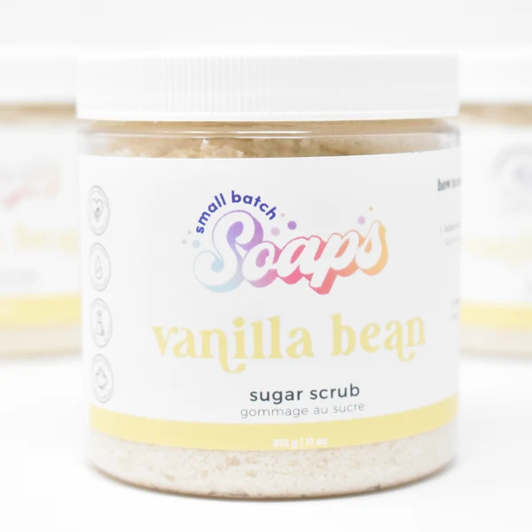 Small Batch Soaps Vanilla Bean Sugar Scrub Small Batch Soaps Vanilla Bean Sugar Scrub jar standing on a plain white background