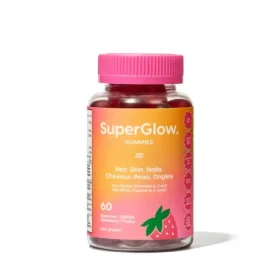 Bottle of SuperGlow Hair Skin and Nails Strawberry Vitamin Gummies