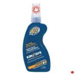 Bottle of KINeSYS SPF 30 Mango Spray Sunscreen standing