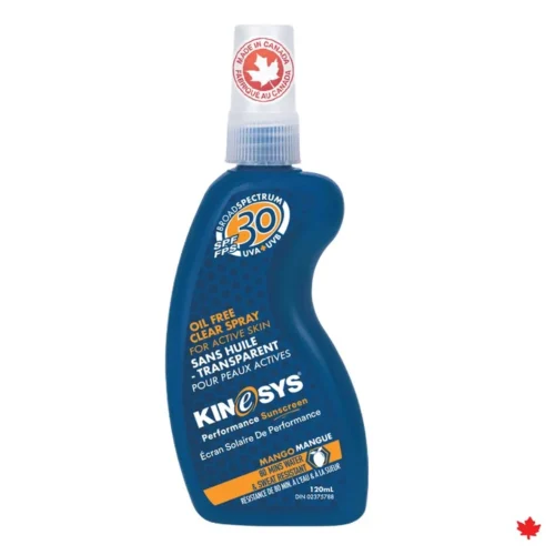 Bottle of KINeSYS SPF 30 Mango Spray Sunscreen standing