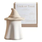 Studio Akiyo Trick or Treat Candle in a handcrafted ghost-shaped vessel with hat lid