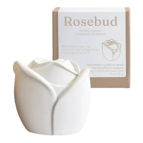 Studio Akiyo Rosebud Wood Wick Candle in handmade rose vessel