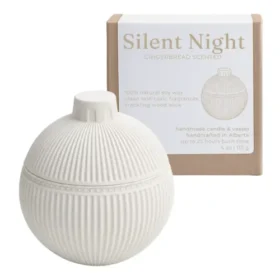Studio Akiyo Silent Night Gingerbread Wood Wick Candle in ribbed ceramic vessel with packaging box