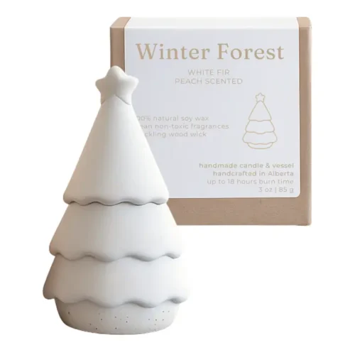 Studio Akiyo Winter Forest Wood Wick Candle in white tree-shaped vessel with packaging box