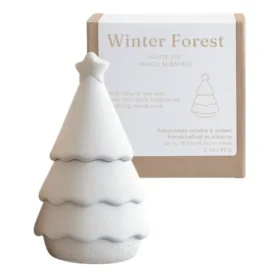 Studio Akiyo Winter Forest Wood Wick Candle in white tree-shaped vessel with packaging box