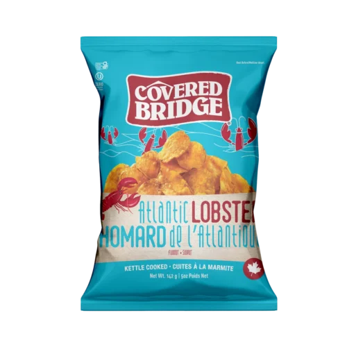 Atlantic Lobster potato chips by Covered Bridge, kettle-cooked russet potato chips with lobster flavour, 142 g bag, made in New Brunswick