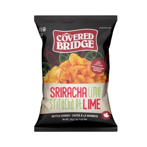Sriracha Lime potato chips by Covered Bridge, kettle-cooked russet potato chips with sriracha heat and lime zest, 170 g bag, made in New Brunswick