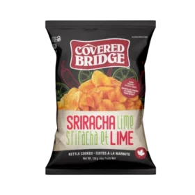 Sriracha Lime potato chips by Covered Bridge, kettle-cooked russet potato chips with sriracha heat and lime zest, 170 g bag, made in New Brunswick