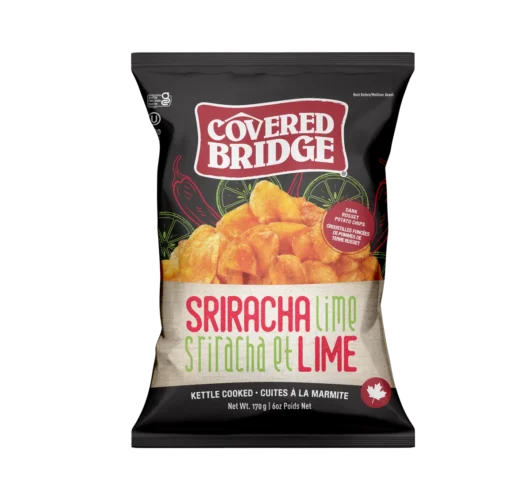 Covered Bridge Sriracha et lime Croustilles Sriracha et lime de Covered Bridge, croustilles de pommes de terre Russet cuites à la marmite au piquant de sriracha et zeste de lime, sac de 170 g, fabriquées au Nouveau-Brunswick