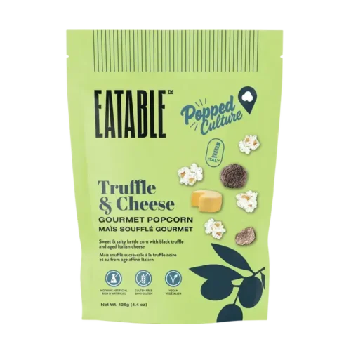 Popped Culture Truffle and Cheese vegan popcorn by EATABLE, black truffle and plant-based cheese kettle corn, 125 g bag, made in Canada