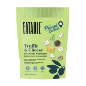 Popped Culture Truffle and Cheese vegan popcorn by EATABLE, black truffle and plant-based cheese kettle corn, 125 g bag, made in Canada