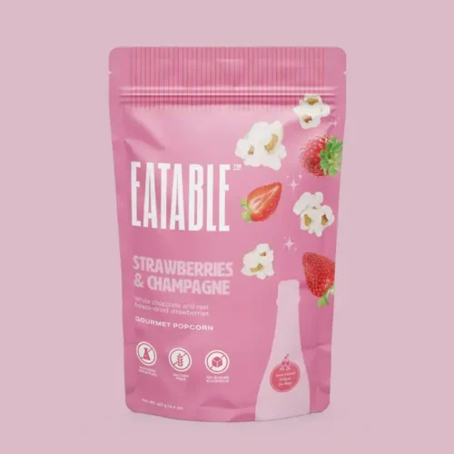 Strawberries & Champagne popcorn by EATABLE, white chocolate kettle corn with popping crystals and freeze-dried strawberries, 125 g bag, made in Canada