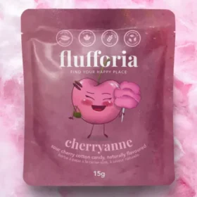 Flufforia Cherryanne Sour Cherry Flavored Cotton Candy 15g pouch with red cherry cotton candy