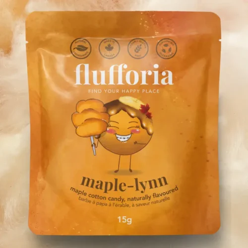 Flufforia Maplelynn Maple Sugar Cotton Candy 15g pouch with orange maple coloured cotton candy