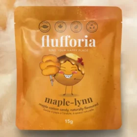 Flufforia Maplelynn Maple Sugar Cotton Candy 15g pouch with orange maple coloured cotton candy