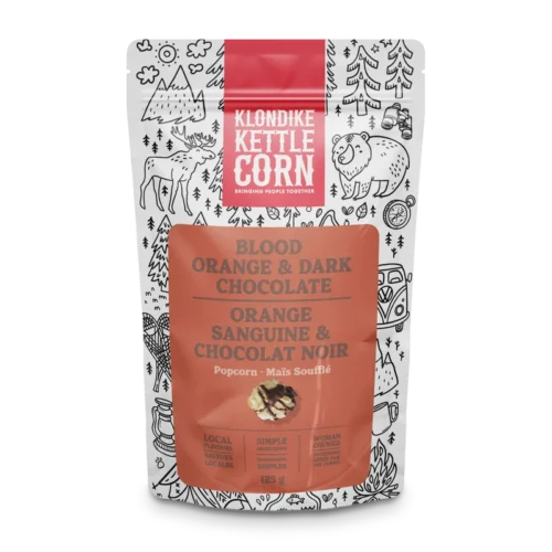 Klondike Kettle Corn Blood Orange & Dark Chocolate popcorn, sweet and salty kettle corn drizzled in dark chocolate infused with blood orange