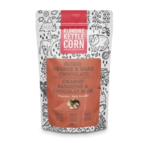 Klondike Kettle Corn Blood Orange & Dark Chocolate popcorn, sweet and salty kettle corn drizzled in dark chocolate infused with blood orange