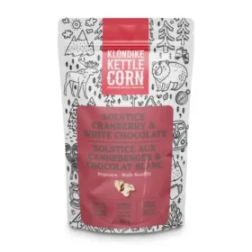 Klondike Kettle Corn Solstice Cranberry & White Chocolate popcorn, white chocolate drizzled kettle corn with cranberries