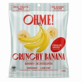 OHME! Foods Freeze-Dried Crunchy Banana Snack Size packet with golden banana pieces